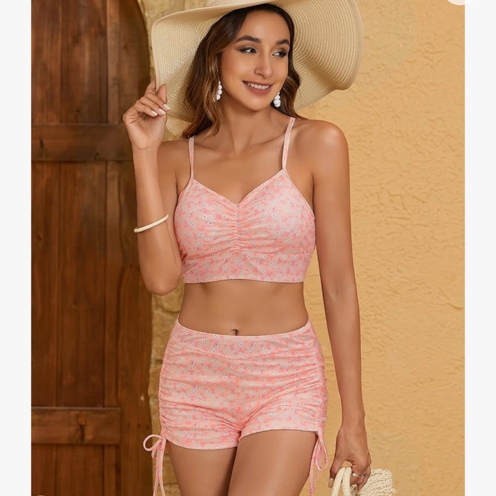 Bikini Sets for Women Floral Print Top  Side Shorts Bikini Suits 2Piece Swimsuit